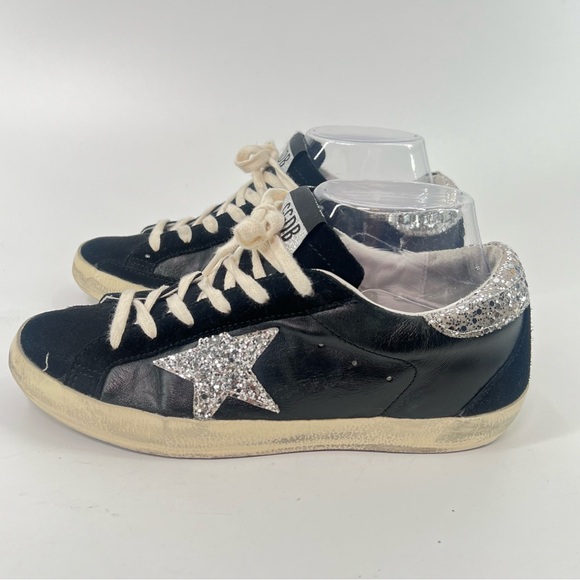 Golden Goose Low Top Super-Star Sneakers Black With Silver Glitter Star 38 or 8 - Picture 3 of 10